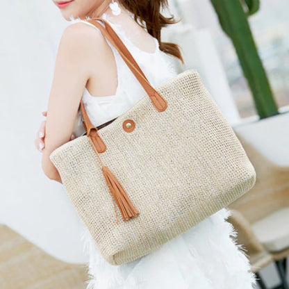 Beach Bag Woven Textile With Leather Handles & Tassel