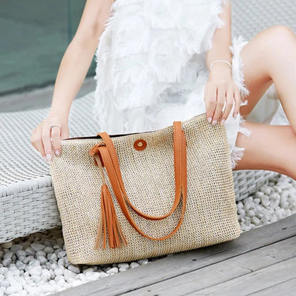 Beach Bag Woven Textile With Leather Handles & Tassel