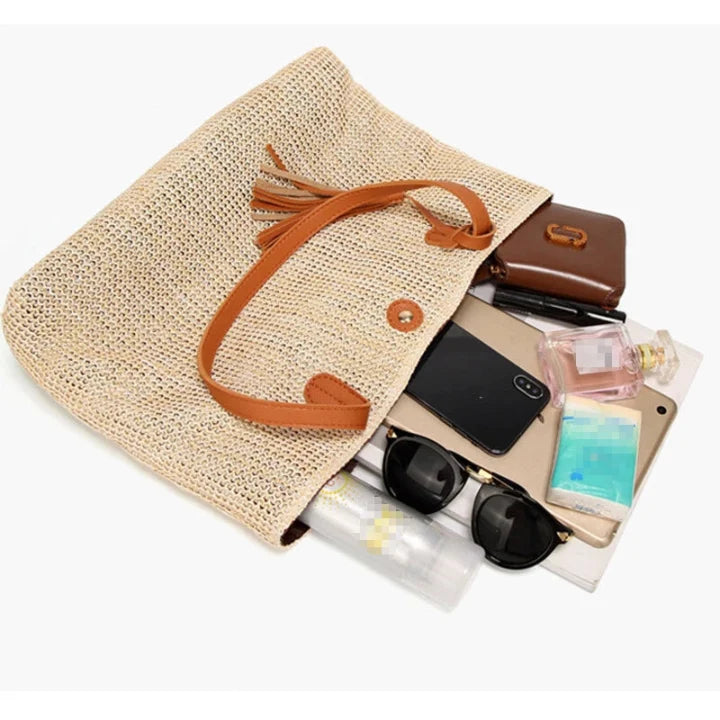 Beach Bag Woven Textile With Leather Handles & Tassel