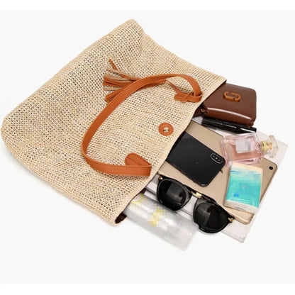 Beach Bag Woven Textile With Leather Handles & Tassel