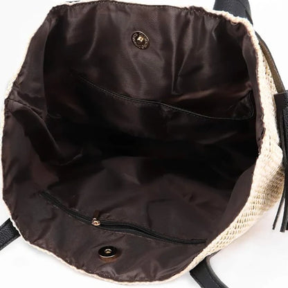Beach Bag Woven Textile With Leather Handles & Tassel