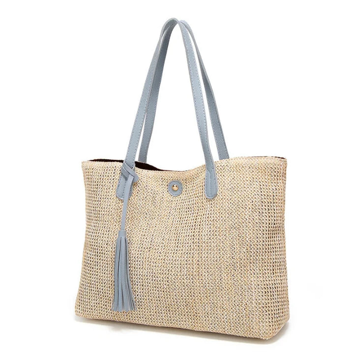 Beach Bag Woven Textile With Leather Handles & Tassel