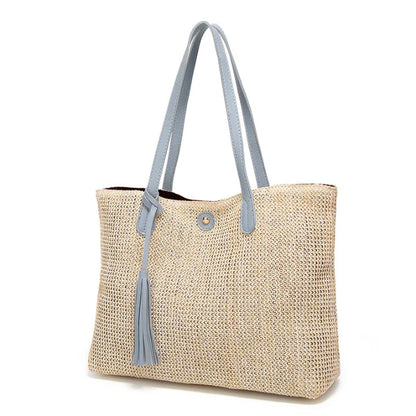 Beach Bag Woven Textile With Leather Handles & Tassel