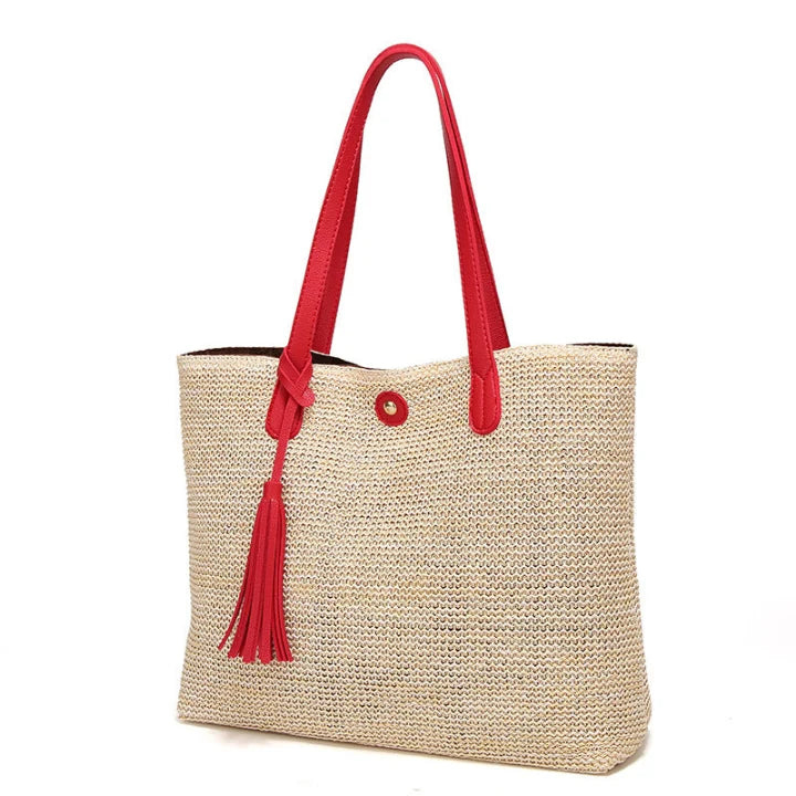 Beach Bag Woven Textile With Leather Handles & Tassel