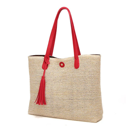 Beach Bag Woven Textile With Leather Handles & Tassel