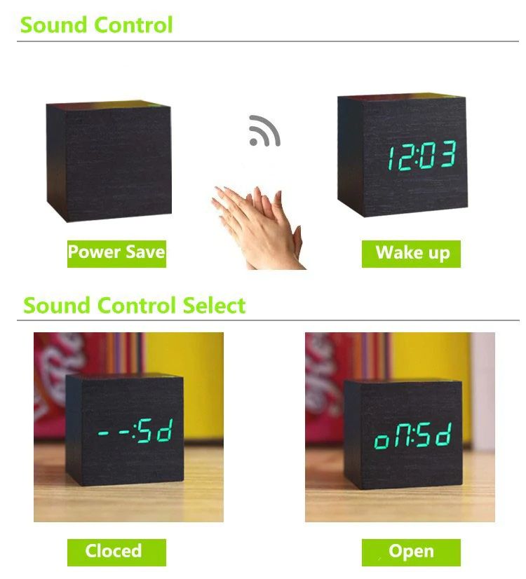 Bedside Alarm Clock Bamboo Sound-Activated LED