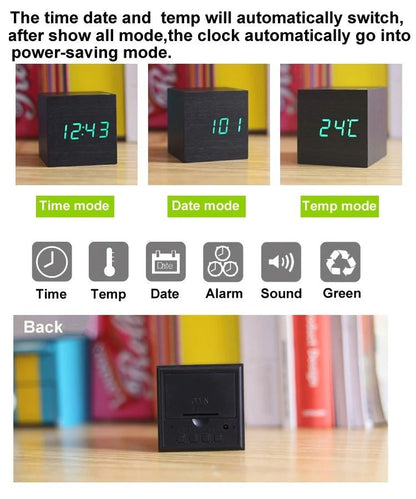 Bedside Alarm Clock Bamboo Sound-Activated LED