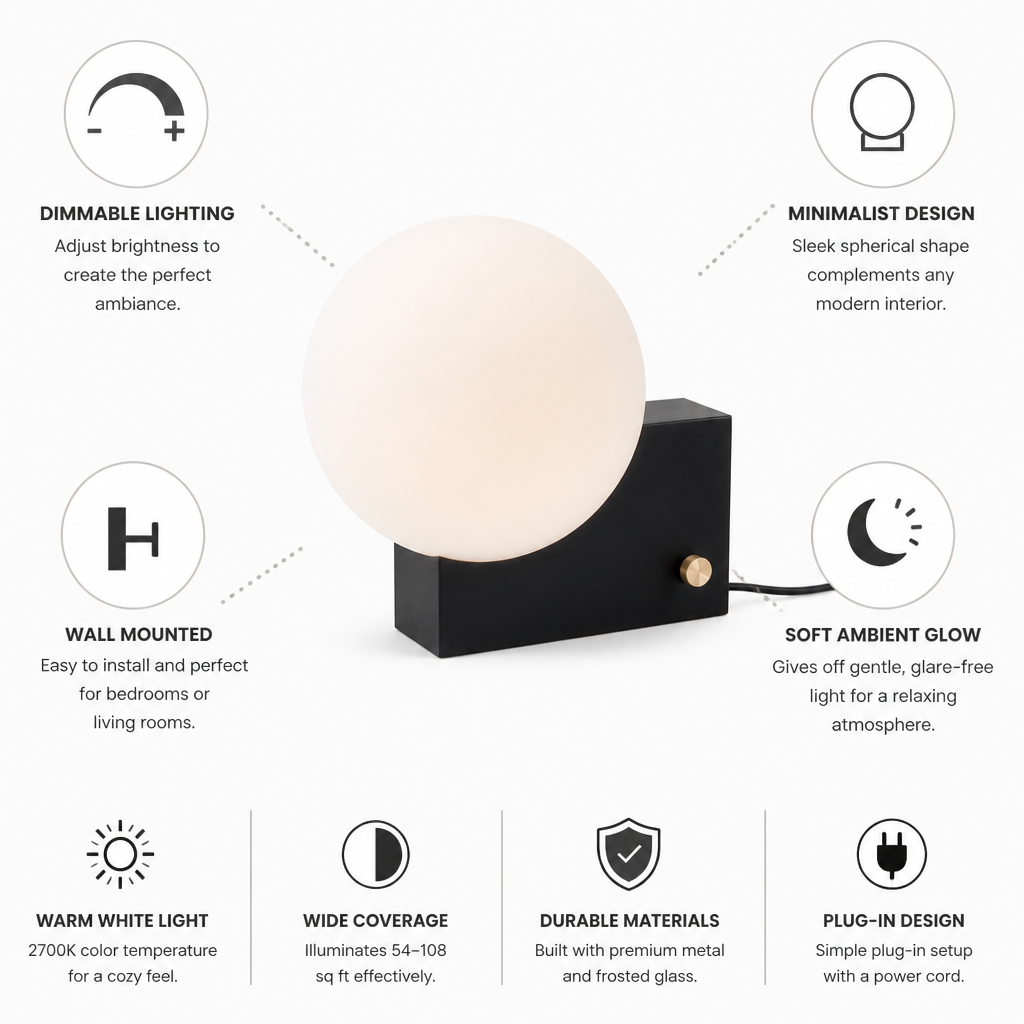 Bedside Wall Light Spherical & Minimalist Dimmable