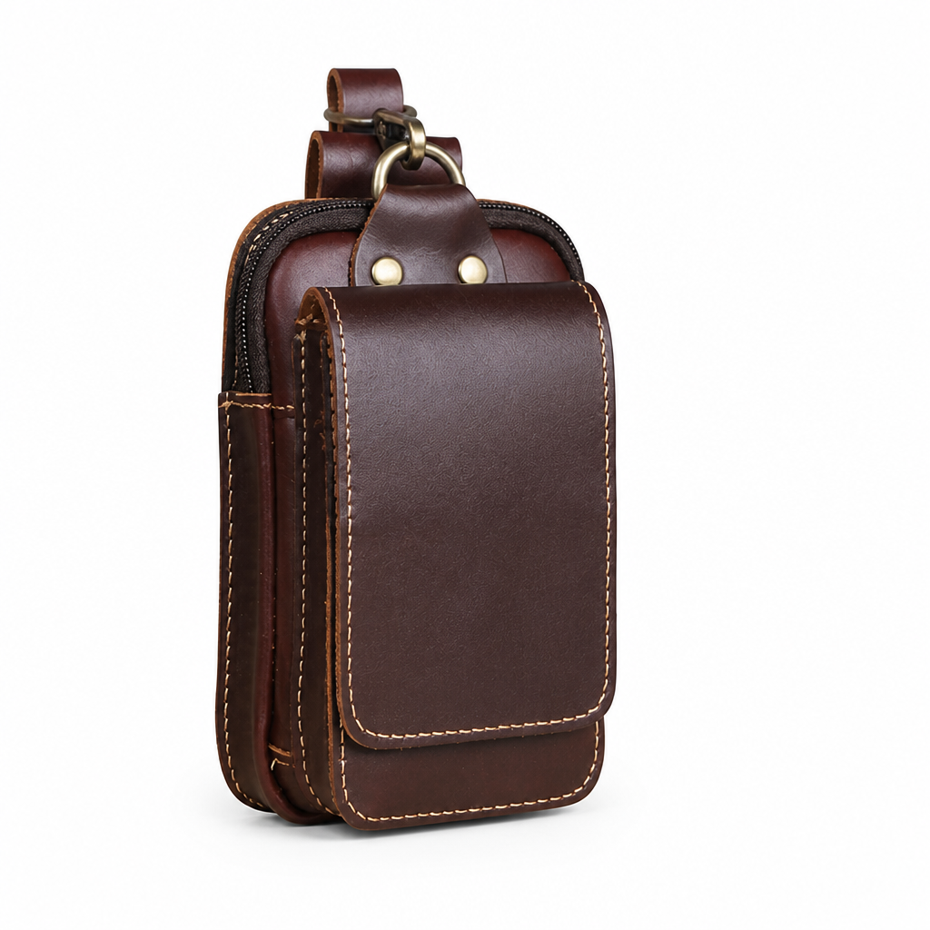 Belt Pouch Genuine Leather Zippered Main Compartment & Magnetic Flap