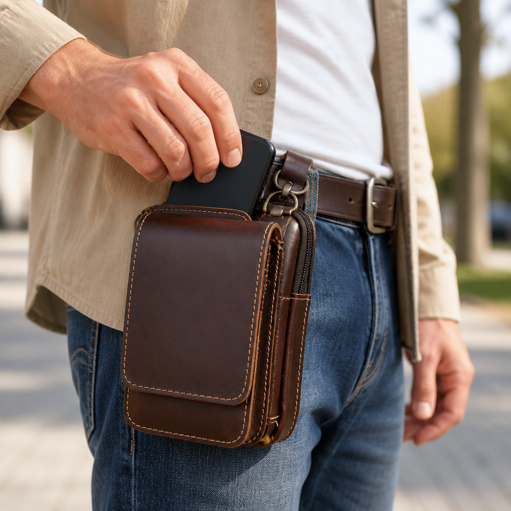 Belt Pouch Genuine Leather Zippered Main Compartment & Magnetic Flap