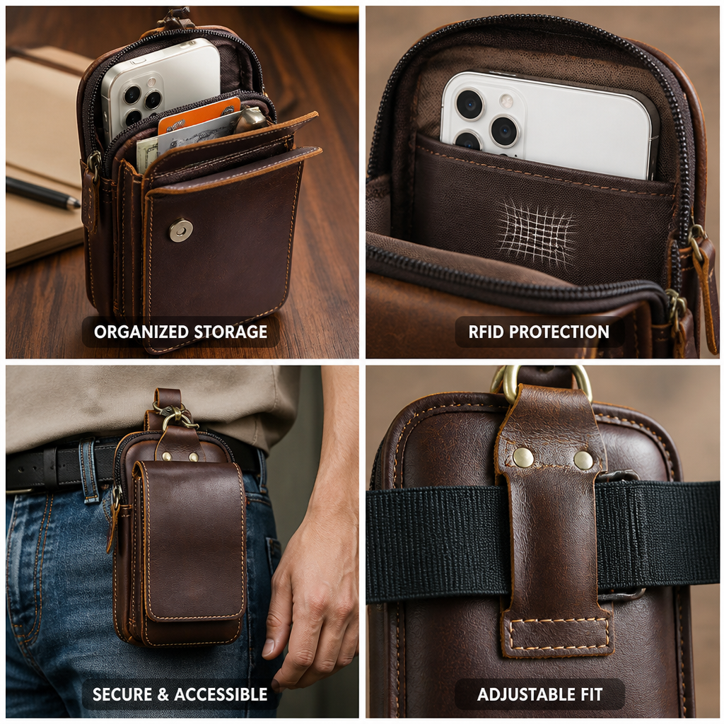 Belt Pouch Genuine Leather Zippered Main Compartment & Magnetic Flap