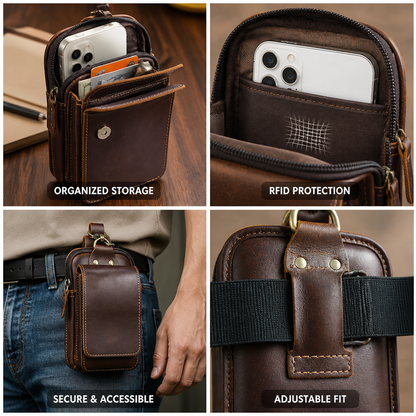 Belt Pouch Genuine Leather Zippered Main Compartment & Magnetic Flap