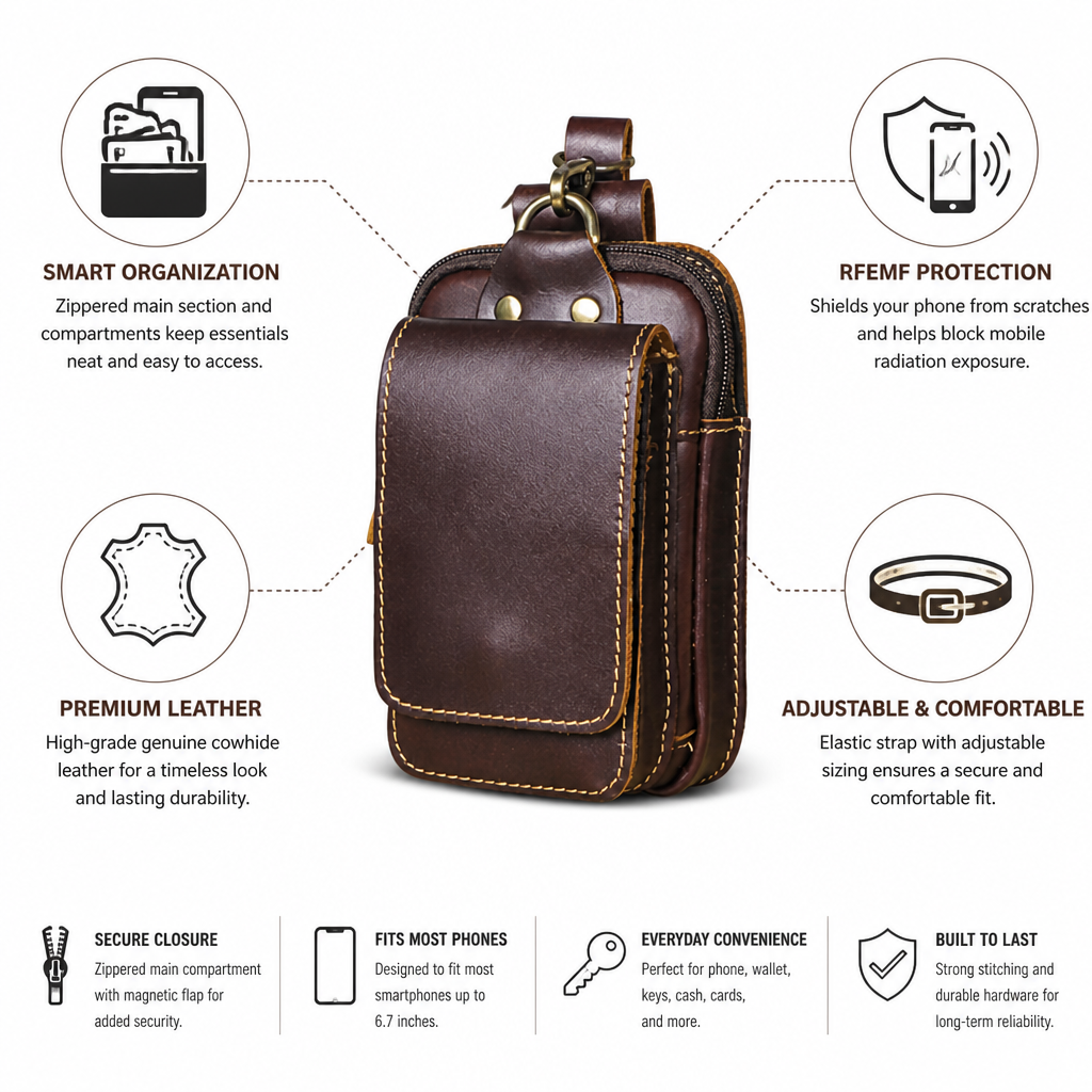 Belt Pouch Genuine Leather Zippered Main Compartment & Magnetic Flap