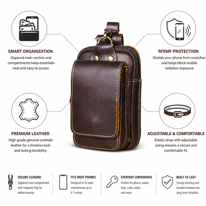 Belt Pouch Genuine Leather Zippered Main Compartment & Magnetic Flap