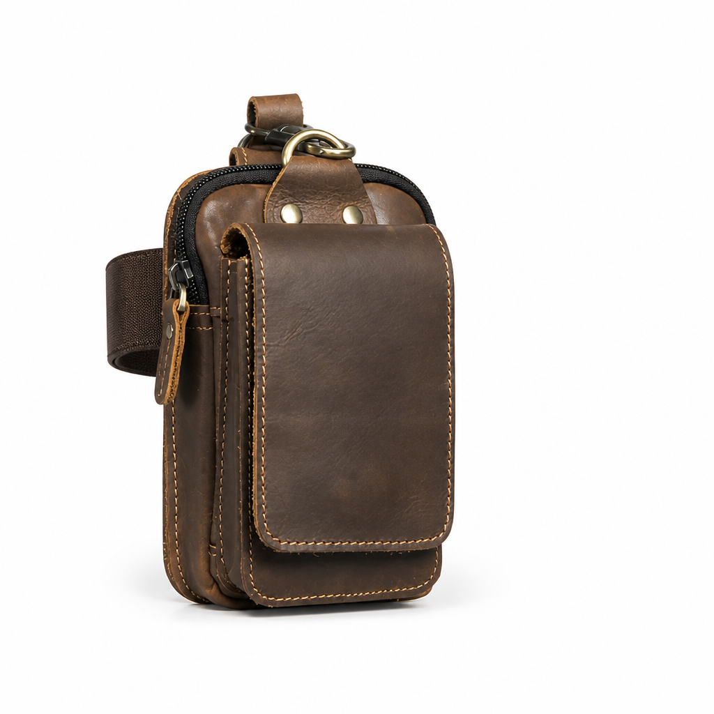 Belt Pouch Genuine Leather Zippered Main Compartment & Magnetic Flap