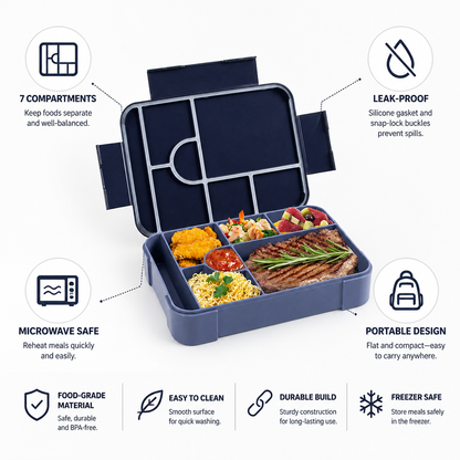 Bento Lunch Box Leak-Proof 7 Compartments Microwave Safe