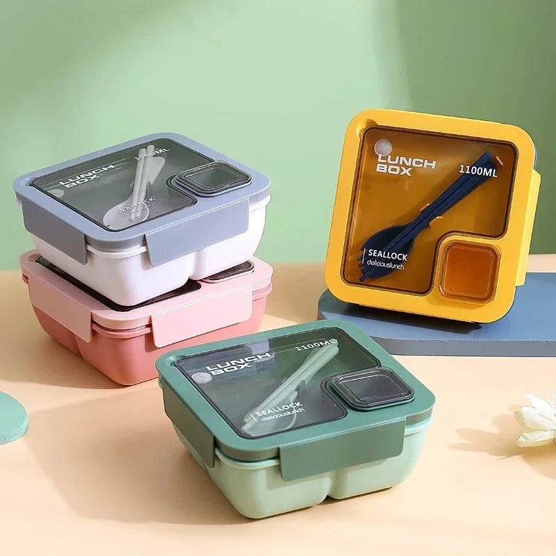 Bento Lunchbox Leak-Proof Silicone Gasket & Integrated Cutlery