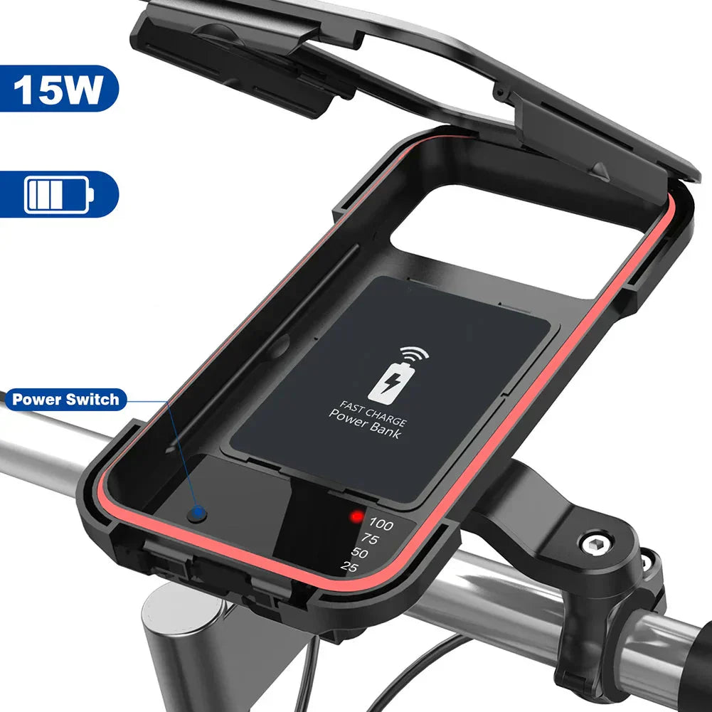 Bike Phone Mount Waterproof Touchscreen 15W Wireless & USB