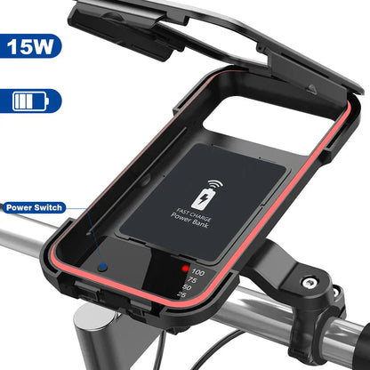 Bike Phone Mount Waterproof Touchscreen 15W Wireless & USB