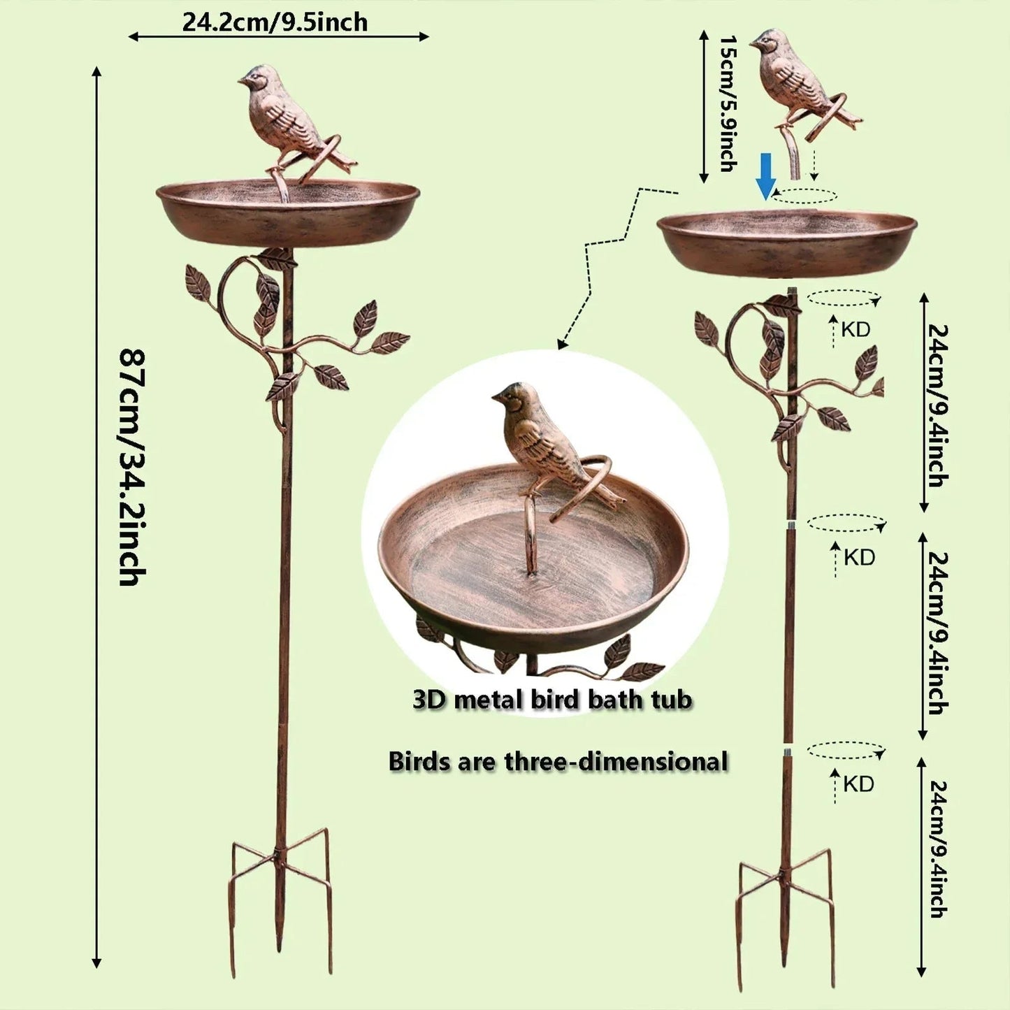 Bird Bath Low Bowl Decorative Metal Pedestal Tool-Free Assembly