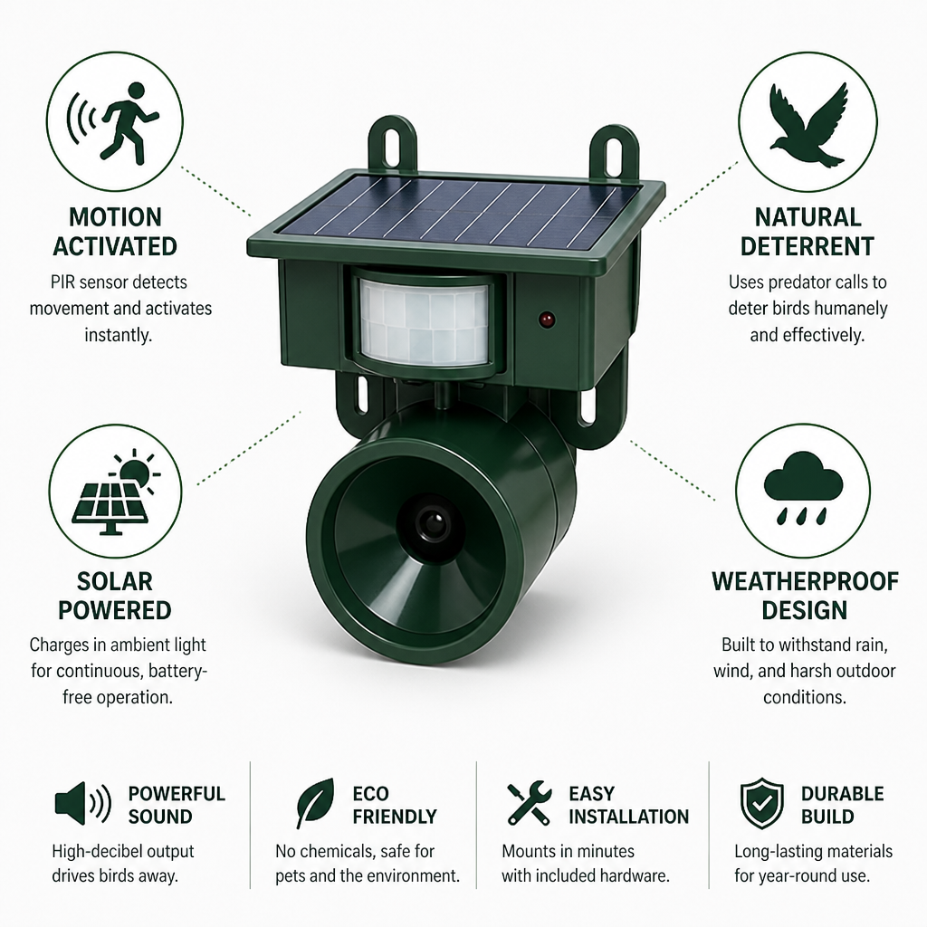 Bird Repeller Solar Powered PIR Sensor & Natural Calls