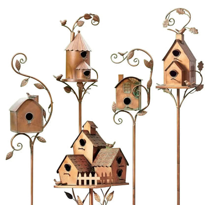 Birdhouse Garden Stake Handcrafted Metal Copper-Bronze Finish