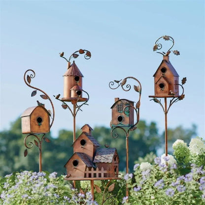 Birdhouse Garden Stake Handcrafted Metal Copper-Bronze Finish