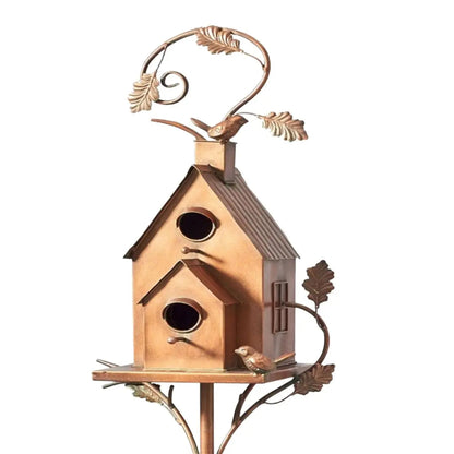 Birdhouse Garden Stake Handcrafted Metal Copper-Bronze Finish
