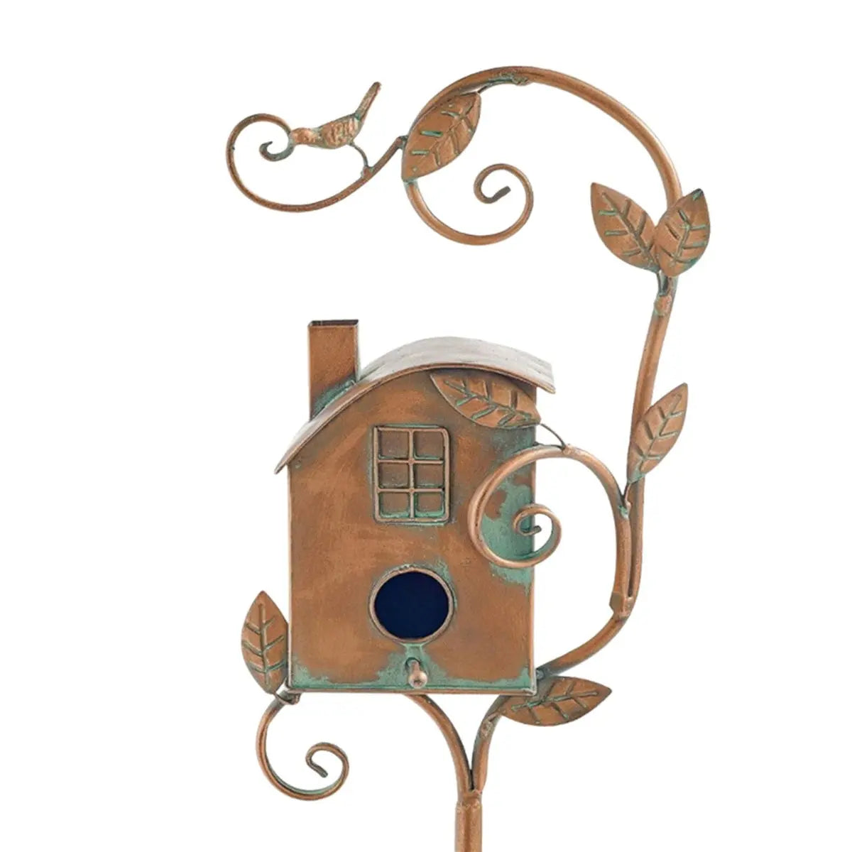 Birdhouse Garden Stake Handcrafted Metal Copper-Bronze Finish