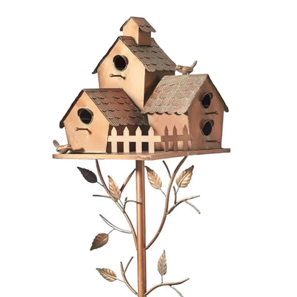 Birdhouse Garden Stake Handcrafted Metal Copper-Bronze Finish