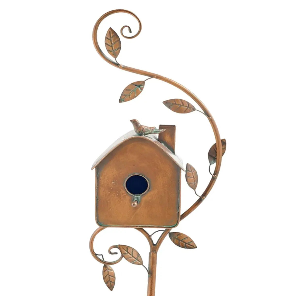 Birdhouse Garden Stake Handcrafted Metal Copper-Bronze Finish