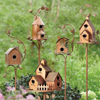 Birdhouse Garden Stake Handcrafted Metal Copper-Bronze Finish