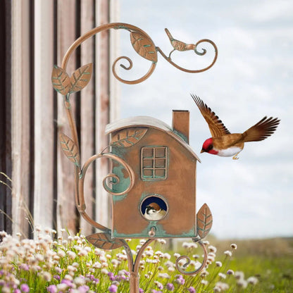 Birdhouse Garden Stake Handcrafted Metal Copper-Bronze Finish