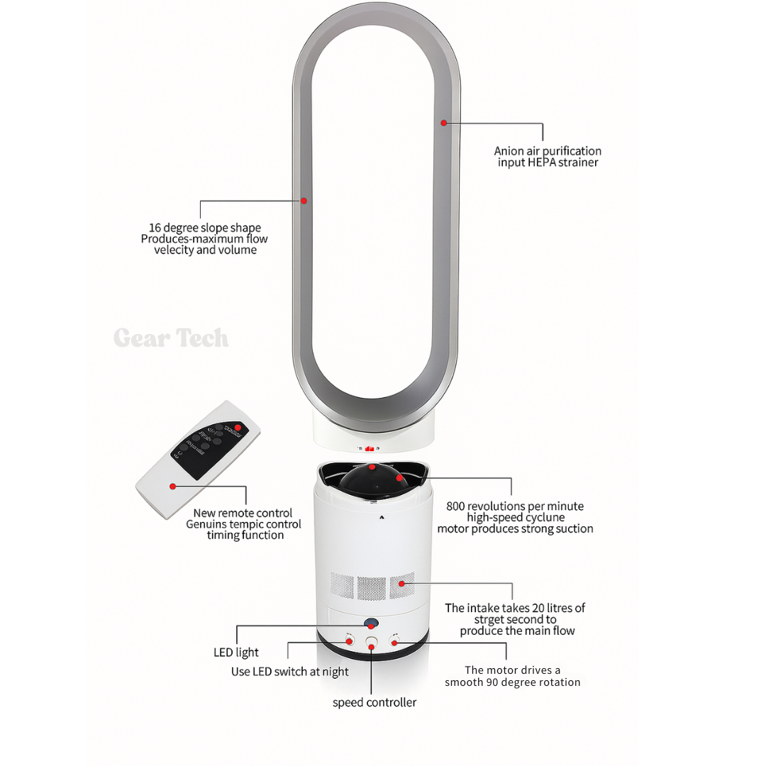 Bladeless Fan Remote Control Quiet 90 Degree Oscillation