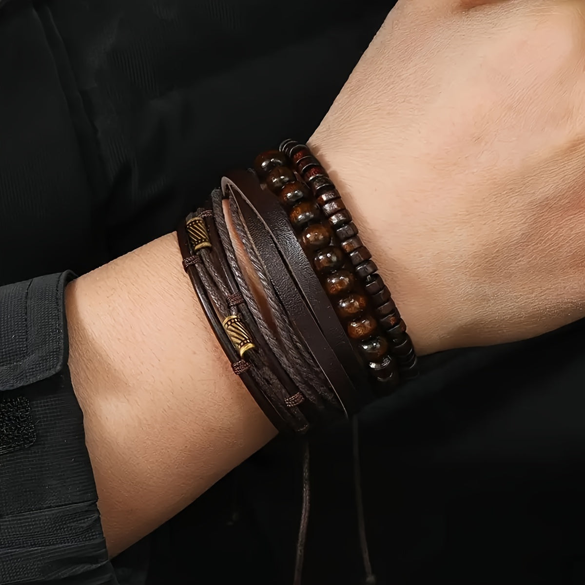 Bracelet Set Adjustable Genuine Leather & Wooden Beads