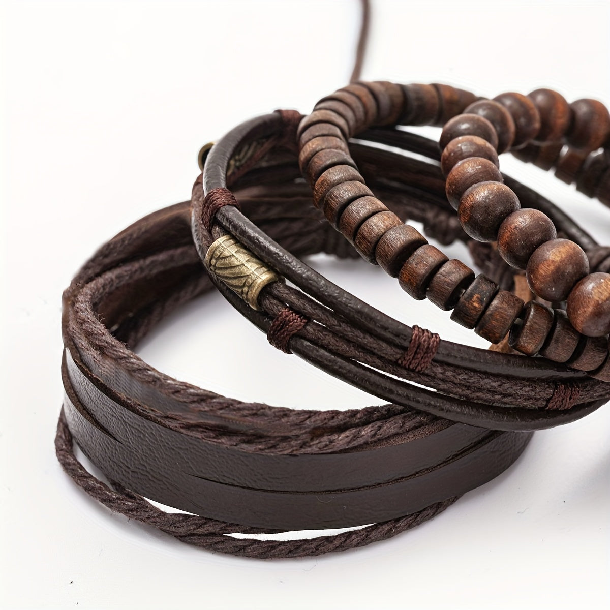Bracelet Set Adjustable Genuine Leather & Wooden Beads