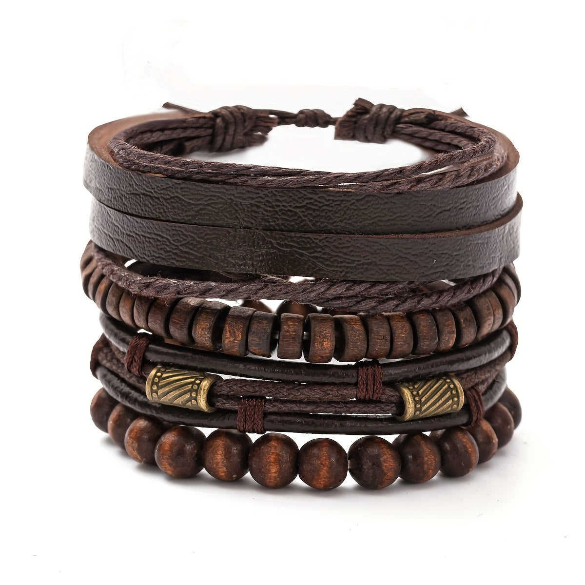 Bracelet Set Adjustable Genuine Leather & Wooden Beads