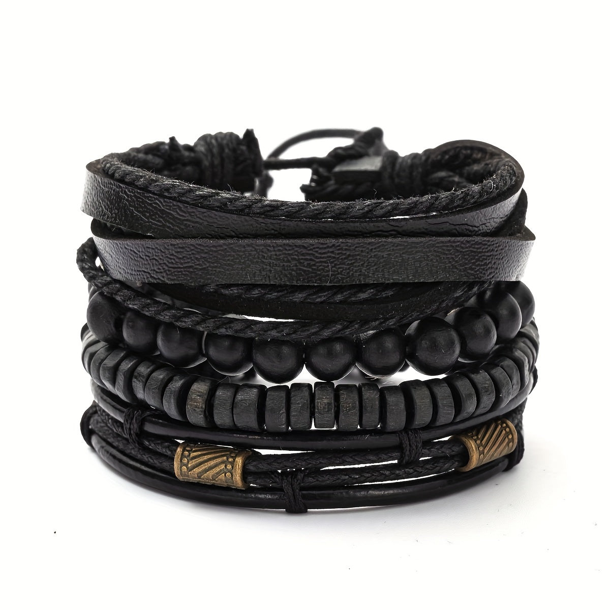 Bracelet Set Adjustable Genuine Leather & Wooden Beads