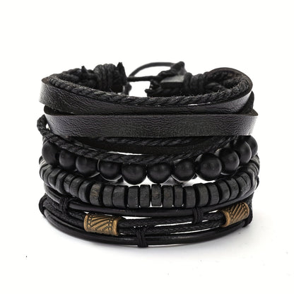 Bracelet Set Adjustable Genuine Leather & Wooden Beads