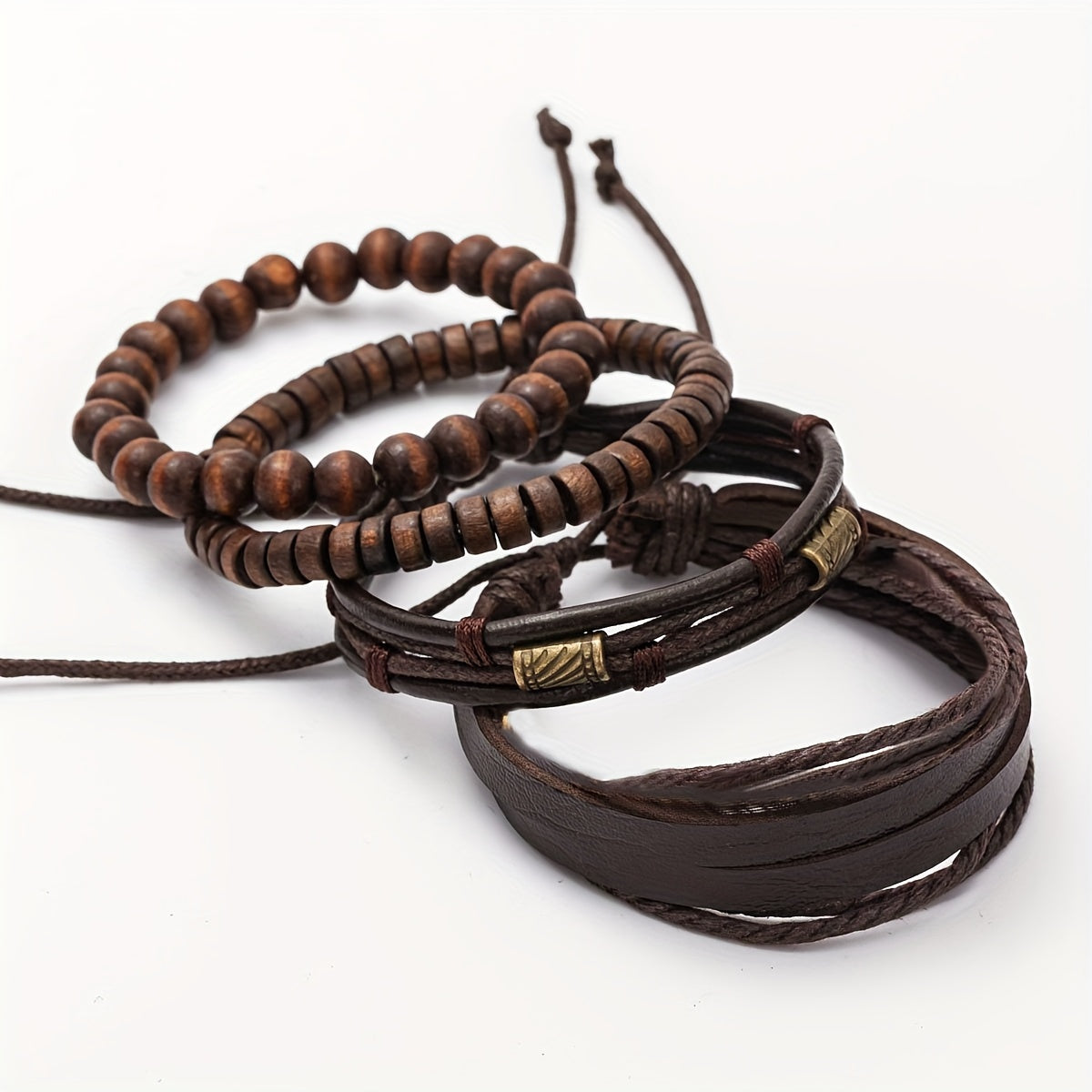 Bracelet Set Adjustable Genuine Leather & Wooden Beads