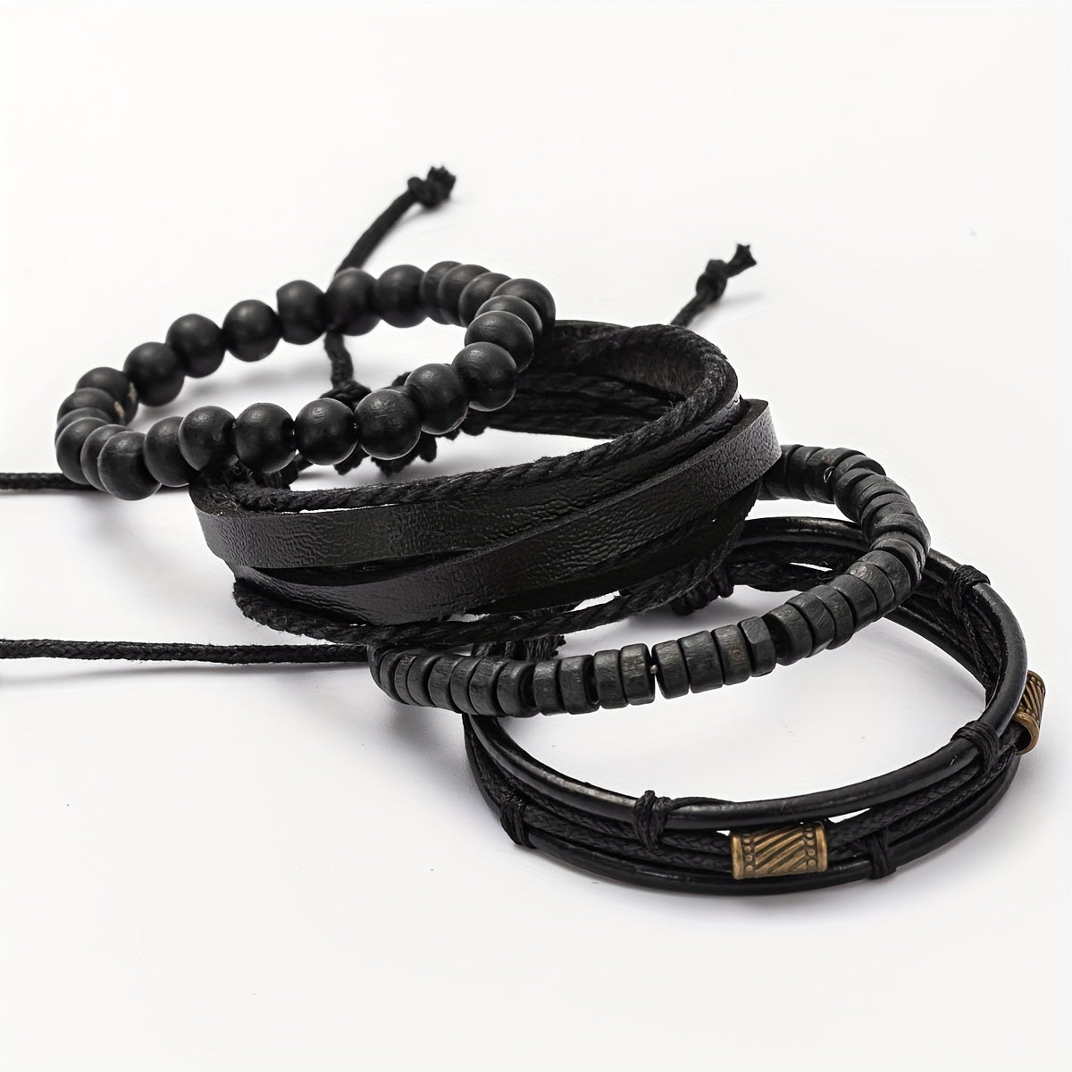 Bracelet Set Adjustable Genuine Leather & Wooden Beads