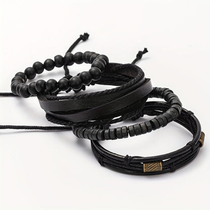 Bracelet Set Adjustable Genuine Leather & Wooden Beads