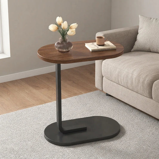 C-Shaped Side Table Space-Saving Wood Top & Steel Leg