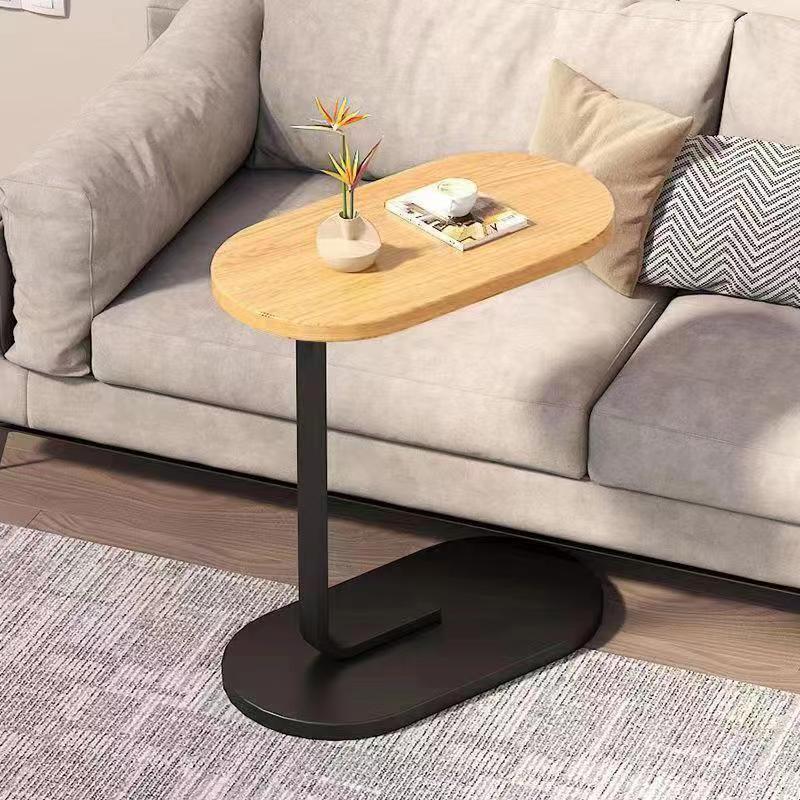 C-Shaped Side Table Space-Saving Wood Top & Steel Leg