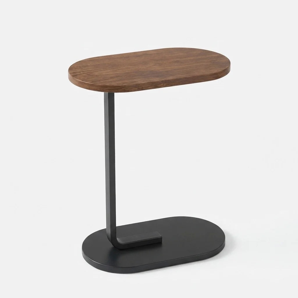 C-Shaped Side Table Space-Saving Wood Top & Steel Leg