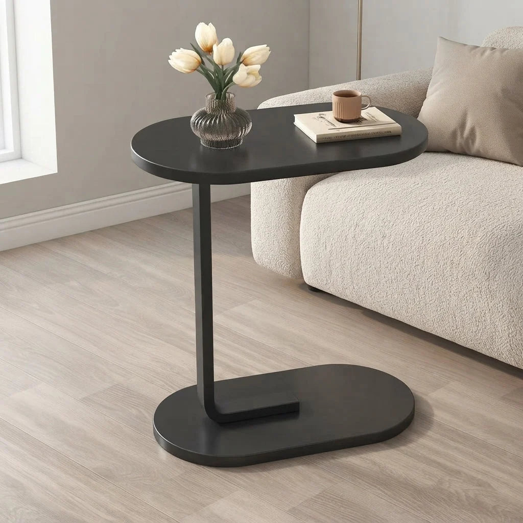 C-Shaped Side Table Space-Saving Wood Top & Steel Leg