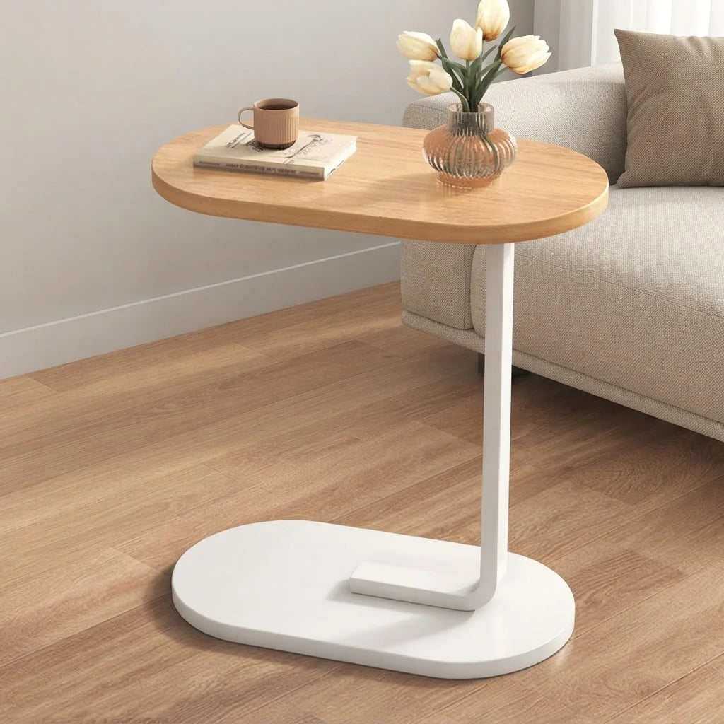 C-Shaped Side Table Space-Saving Wood Top & Steel Leg