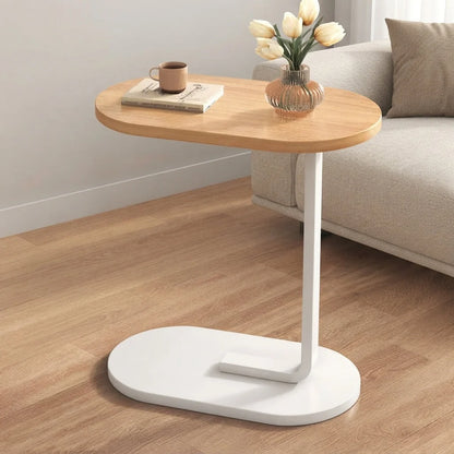 C-Shaped Side Table Space-Saving Wood Top & Steel Leg