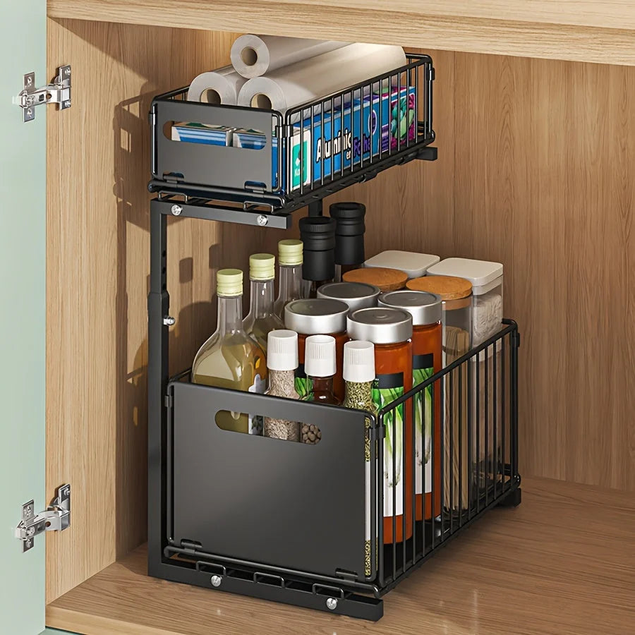 Cabinet Organizer Two-Tier Pull-Out Powder-Coated Carbon Steel