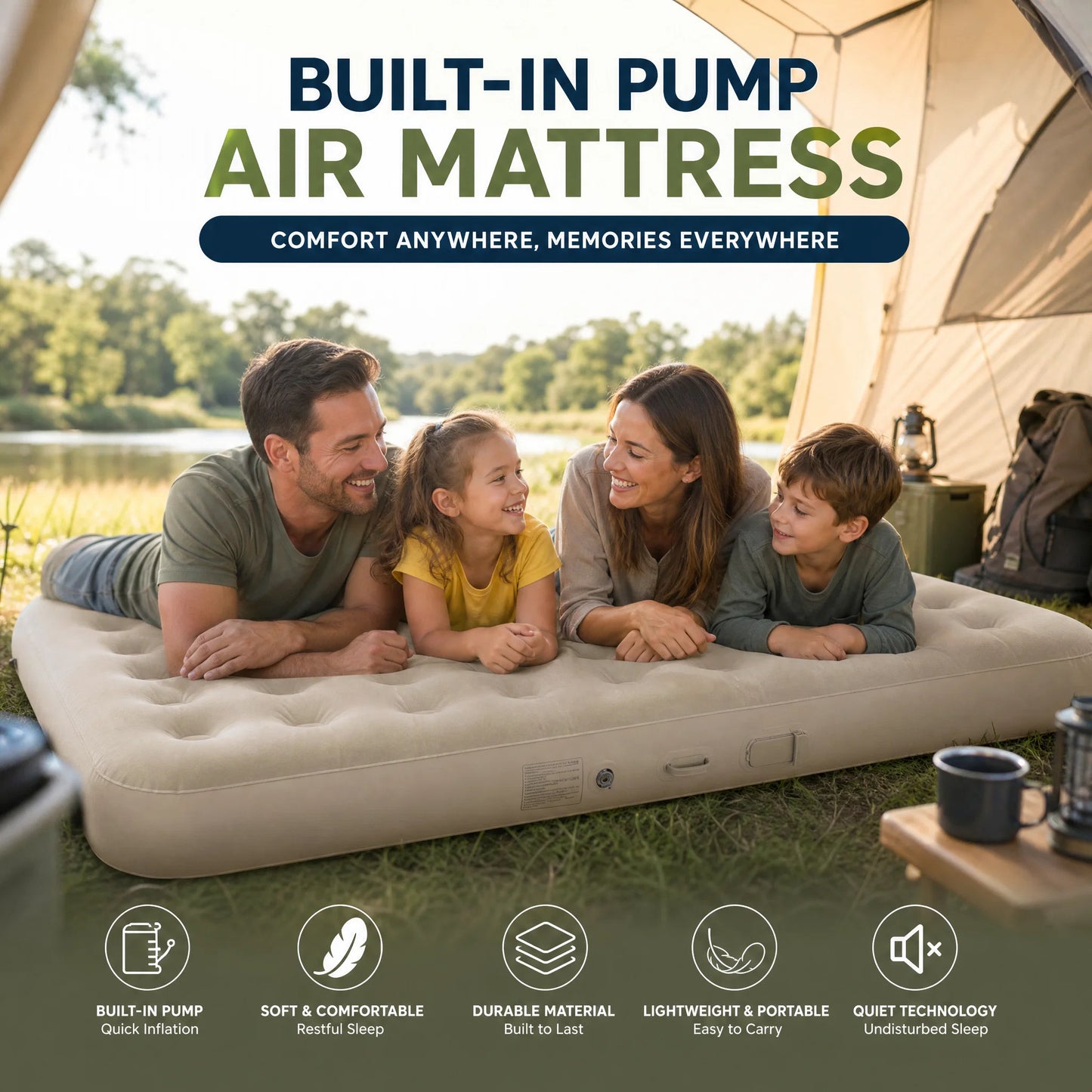 Camping Air Mattress Built-In Rechargeable Pump Honeycomb Support